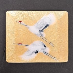 Vintage Japanese enamel on copper trinket dish with 2 cranes in flight